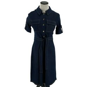 Shelby & Palmer Dress Women Sz 6 Belted Roll Up Sleeve Button Flap Pockets Denim